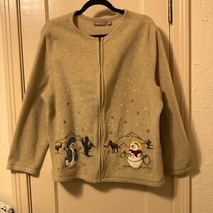Croft&Barrow 1X Western Snowman Cowboy Christmas Full Zip Fleece Cardigan Tan